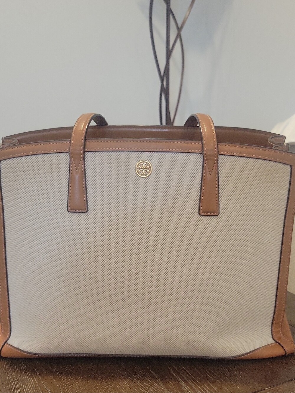 Tory Burch Large Beige Canvas Tote with Brown Leather Trim
